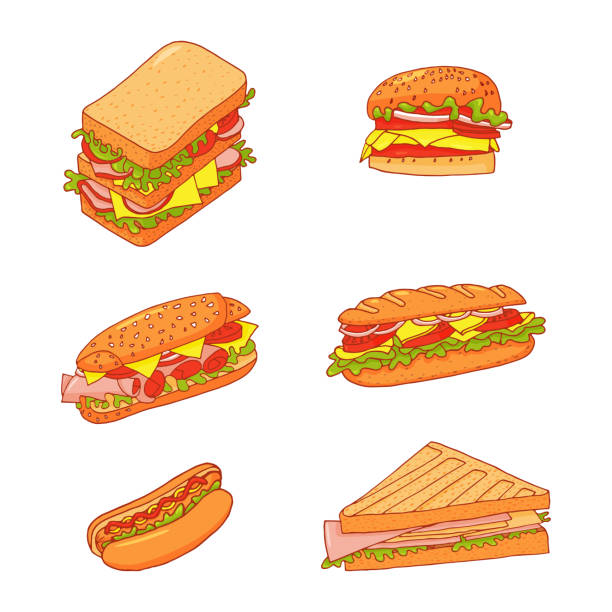 ilustraciones, imágenes clip art, dibujos animados e iconos de stock de juego de 6 sándwiches. colección de imágenes de comida rápida vectorial ilustraciones sobre un fondo blanco. - turkey sandwich illustrations