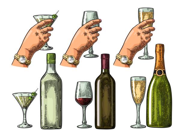 Set alcohol drinks with bottle, glass and hand holding cocktail, wine, champagne. Vintage vector color engraving illustration for label, poster, invitation to a party. Isolated on white background.