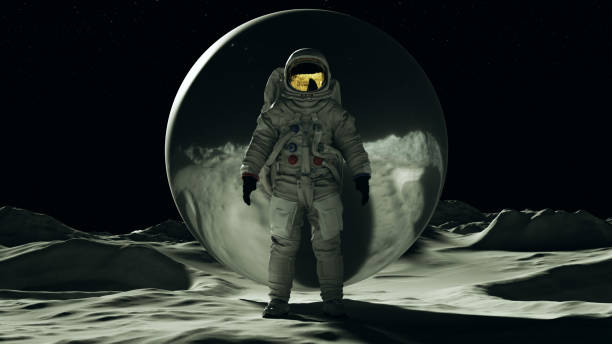 istock Astronaut man on the Moon in a Space Suit Standing with a Gold Visor and a Big Floating Silver Alien Sphere Front View 1201295955
