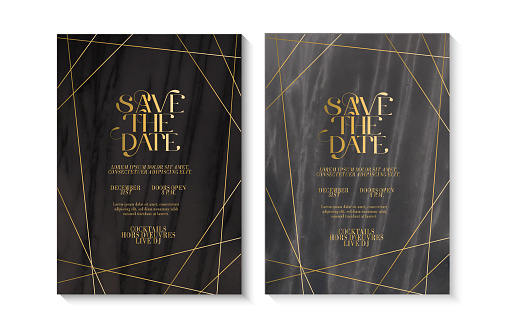 Vector illustration of a group of Wedding invitation design template with Save the Date typography design on marble texture with gold line art. Easy to edit. EPS 10.