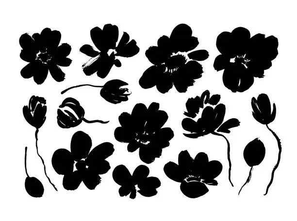Vector illustration of Spring flowers hand drawn vector set. Black brush flower silhouettes. Roses, peonies, chrysanthemums isolated cliparts.