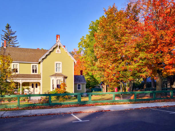 o local de nascimento de norman bethune (bethune memorial house) em gravenhurst, ontário, canadá - deciduous tree autumn canada house - fotografias e filmes do acervo