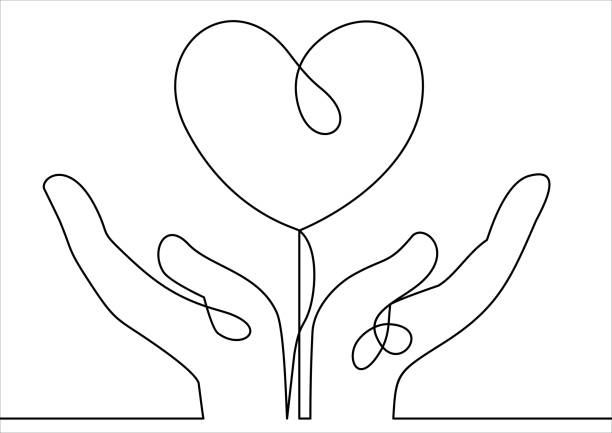 Heart in hand-continuous line drawing silhouette, support, giving, graphic, assistance, charity, community, father, friendship, handshake, help, helpful, invitation, kindness, parent, peace, protect, save, simplicity, human, sketch, together, love, hope, romantic, shape, valentine, wedding, continuity, contour, emotion, finger, hold, drawing, outline, heart, illustration, concept, hand, vector, person, icon, logo, design, symbol, minimalist, line, family, care, abstract hand drawing stock illustrations