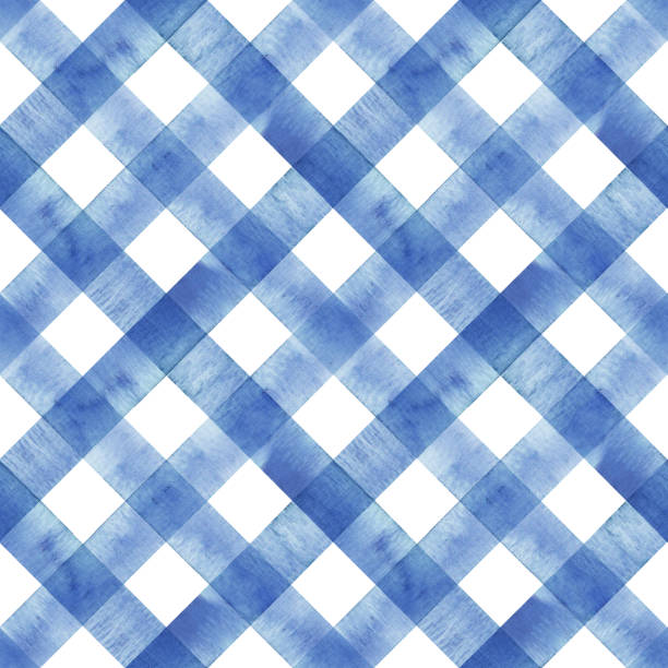 акварель диагональная полоса клетчатый бесшовный узор. индиго синие полосы на белом фоне - checked blue tablecloth plaid stock illustrations