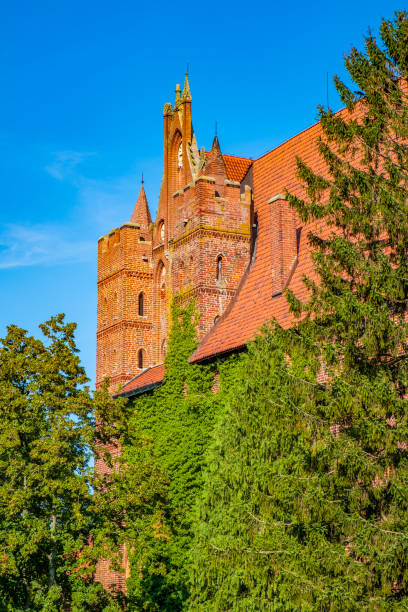 Defence architecture of the High Castle part of the medieval Teutonic Order Castle in Malbork, Poland Malbork, Pomerania / Poland - 2019/08/24: Monumental gothic defence architecture of the High Castle part of the medieval Teutonic Order Castle in Malbork, Poland marienburg stock pictures, royalty-free photos & images