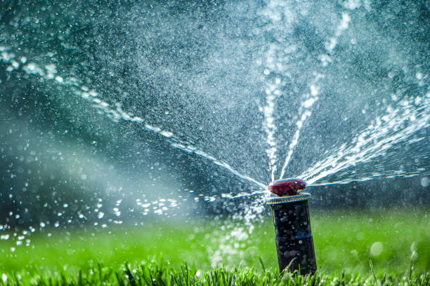 automatic sprinkler system watering the lawn close-up automatic sprinkler system watering the lawn on a background of green grass, close-up irrigation equipment photos stock pictures, royalty-free photos & images