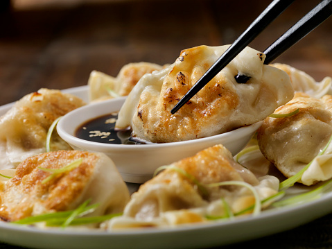 Pan Fried Asian Pork Dumplings with Soy Sauce and Green Onions