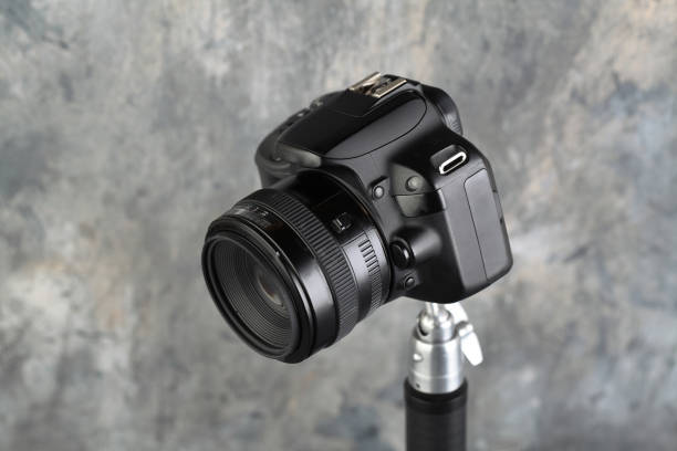 デジタルカメラのデジタルカメラ aps-c センサー eos キヤノン 100d キヤノン レンズ ef 50 mm f 1,4 グレーのセメントの背景に. - camera dslr canon lens ストックフォトと画像