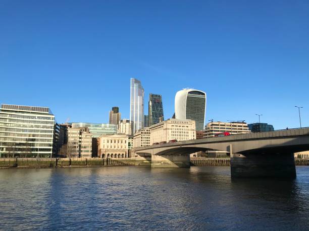 London Bridge and city daytime view London, United Kingdom - January 18 2020: London Bridge with Walkie Talkie building, city skyscrapers and clear blue sky 20 fenchurch street photos stock pictures, royalty-free photos & images
