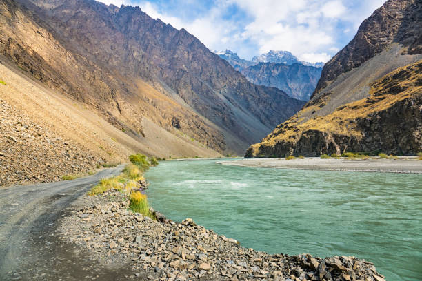 Landscape photo of the Bartang River and Bartang Valley, Pamir Mountain Range, Tajikistan on a sunny day.