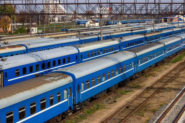 istock BREST, BELARUS - OCTOBER 18, 2019: Old blue trains on railway station platform 1201312785