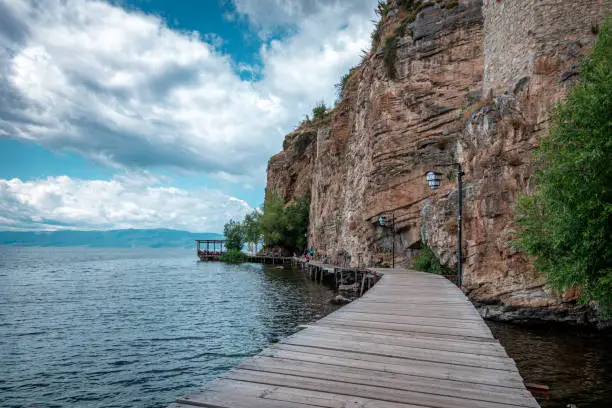 Landscape view of a wooden path Ohrid Lake, North Macedonia."nBridge of wishes.