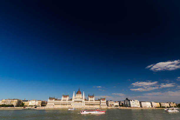 The Hungarian Parliament Building from across the river Danube with ferry boats, Hungary, Budapest, copyspace at top, landscape.
