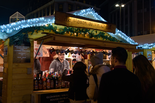 Vin chaud (mulled wine) stall in 2018 Christmas market in Brussels, Belgium