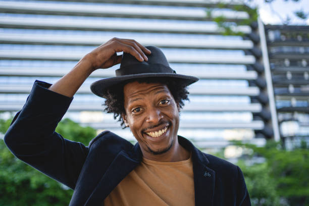 istock Cheerful African American hipster wearing a round hat 1201316747