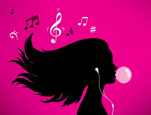 Vector illustration of Young girl with long hair listening to music and inflates a bubble gum