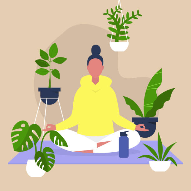 illustrazioni stock, clip art, cartoni animati e icone di tendenza di meditazione e consapevolezza, armonia e relax, personaggio femminile calmo seduto in posizione di loto circondato da piante, yoga indoor - computer graphic leaf posing plant