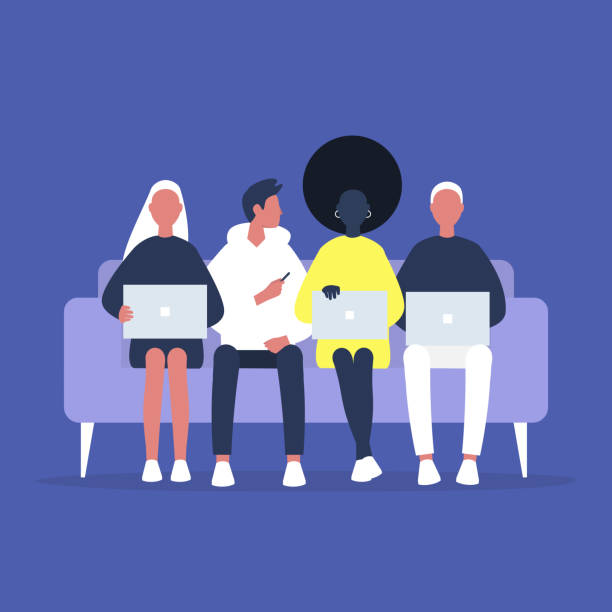 Coworking and coliving, a diverse group of millennials sitting on a sofa, friends and colleagues gathering together Coworking and coliving, a diverse group of millennials sitting on a sofa, friends and colleagues gathering together using laptop illustrations stock illustrations