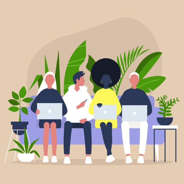 Coworking and coliving, a diverse group of millennials sitting on a sofa, friends and colleagues gathering together Coworking and coliving, a diverse group of millennials sitting on a sofa, friends and colleagues gathering together people working together clip art stock illustrations