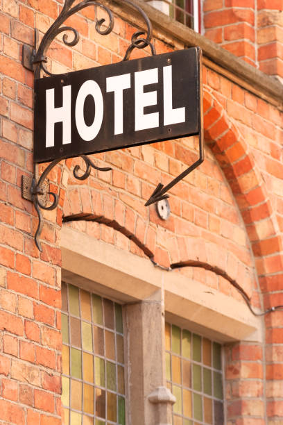 istock Hotel sign in historic city 1201318936
