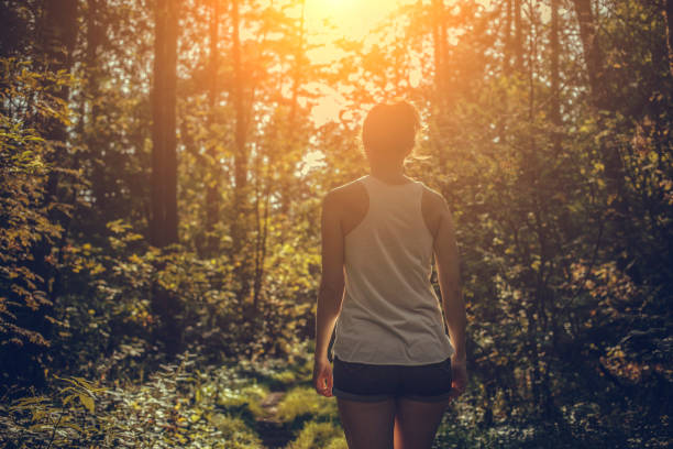 istock Woman walking alone in the forest 1201319314