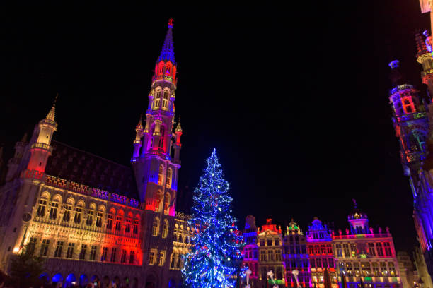 2018 Light show of Christmas market at City Hall, Grand-Place, Brussels, Belgium stock photo