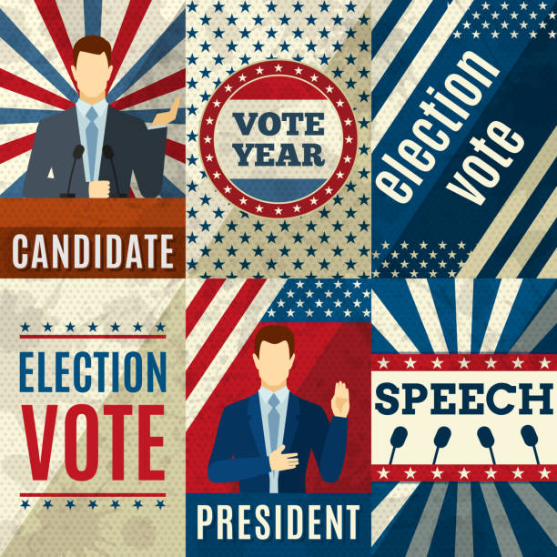 vinage poster politics Vintage politics mini posters set with election candidates figures isolated vector illustration election candidate stock illustrations