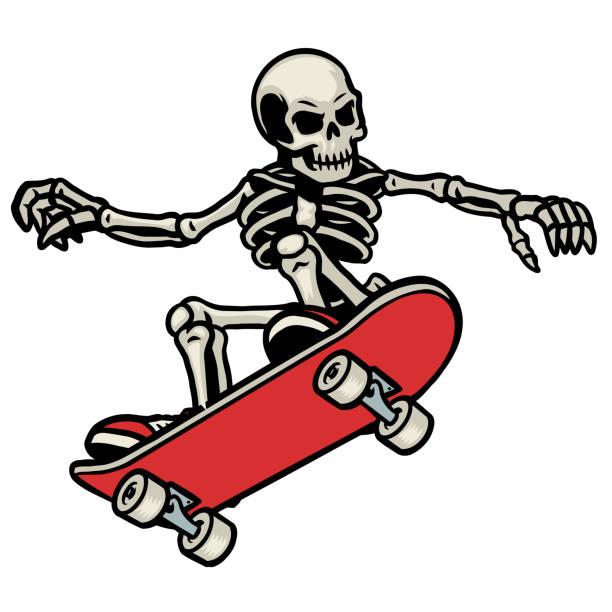 ilustraciones, imágenes clip art, dibujos animados e iconos de stock de cráneo skateboarding hacer el truco ollie - skateboarding