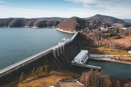 Aerial view of the Solina Dam, the largest dam in Poland. It is located in Solina of Lesko County in the Bieszczady Mountains area of south-eastern Poland. Its construction created the largest artificial lake in Poland - Lake Solina.