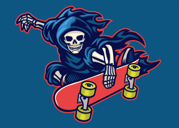 ilustrações de stock, clip art, desenhos animados e ícones de grim reaper skateboarding jump doing stunt trick - skateboard contest