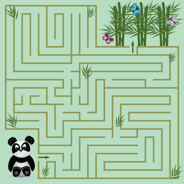 maze puzzle for children on the theme of nature, Panda and bamboo forest Children's maze a game with the image of a small Panda who must find the way to the bamboo forest ursus tractor stock illustrations