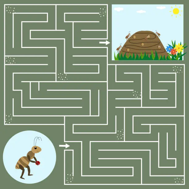 Vector illustration of maze puzzle for children on the theme of nature, help the ant find the way to the anthill, vector illustration, green background