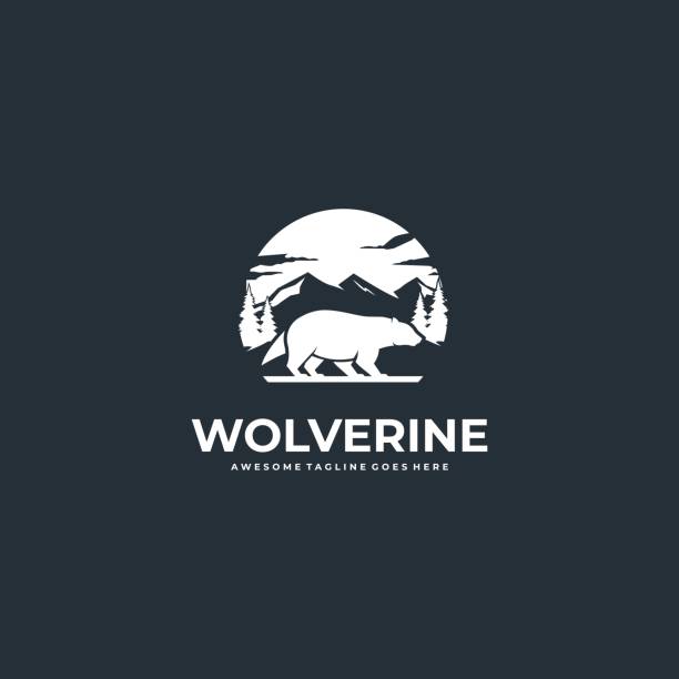 ilustraciones, imágenes clip art, dibujos animados e iconos de stock de ilustración vectorial wolverine walk con silueta de montaña. - wolverine endangered species wildlife animal