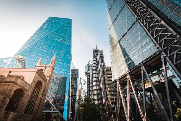 Iconic London City Buildings From left to right - St Andrew Undershaft Church, The Scalpel, Lloyd's of London, Leadenhall Building.