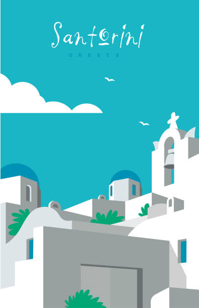 ilustraciones, imágenes clip art, dibujos animados e iconos de stock de santorini grecia - santorini greece villa beach