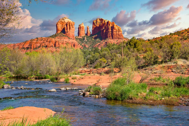 Cathedral Rock In Sedona Arizona Cathedral Rock In Sedona Arizona Viewed From Red Rock Crossing Along Oak Creek Canyon "n sedona stock pictures, royalty-free photos & images
