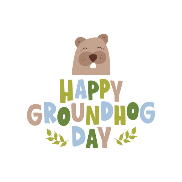 happy groundhog day vektör illüstrasyon. marmot ile elle çizilmiş harfler. - groundhog day tatil stock illustrations