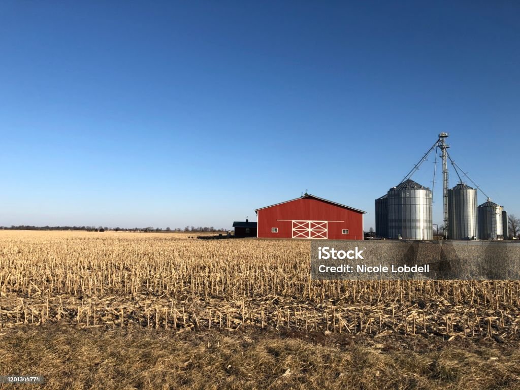 Red barn and silver silos Copy space in blue sky over brown field Farm Stock Photo