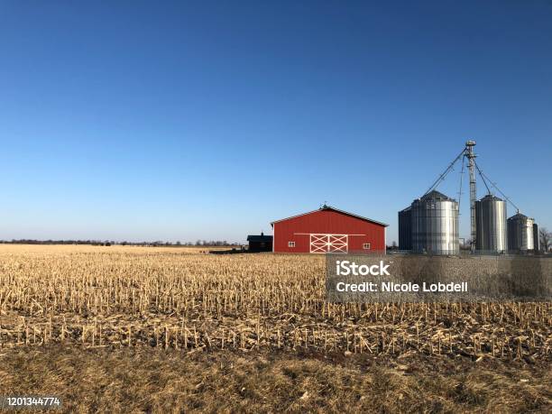 Red Barn And Silver Silos Stock Photo - Download Image Now - Farm, Winter, Missouri
