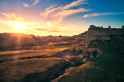 A view of a sunset along the Door Trail at Badlands National Park in South Dakota.