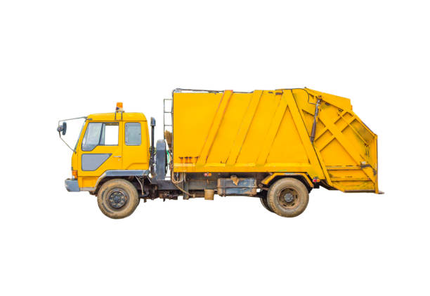 istock old garbage truck isolated on white background , pollution concept 1201349211