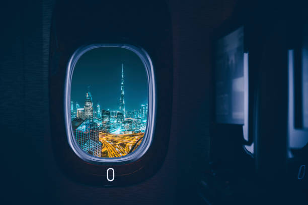 Dubai seen through the window of an airplane