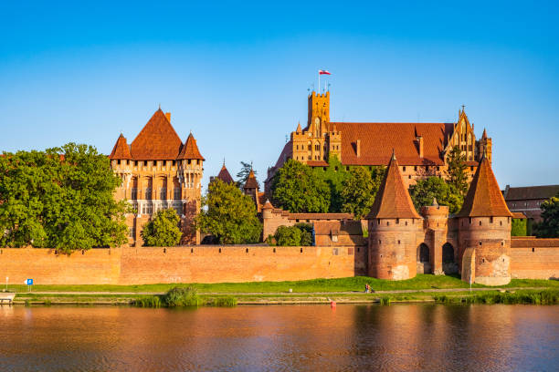 Panoramic view of the defense walls and towers of the Medieval Teutonic Order Castle in Malbork, Poland Malbork, Pomerania / Poland - 2019/08/24: Panoramic view of the defense walls and towers of the Medieval Teutonic Order Castle in Malbork, Poland from across the Nogat river malbork photos stock pictures, royalty-free photos & images