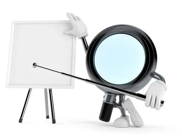 Photo of Magnifying glass character with blank whiteboard