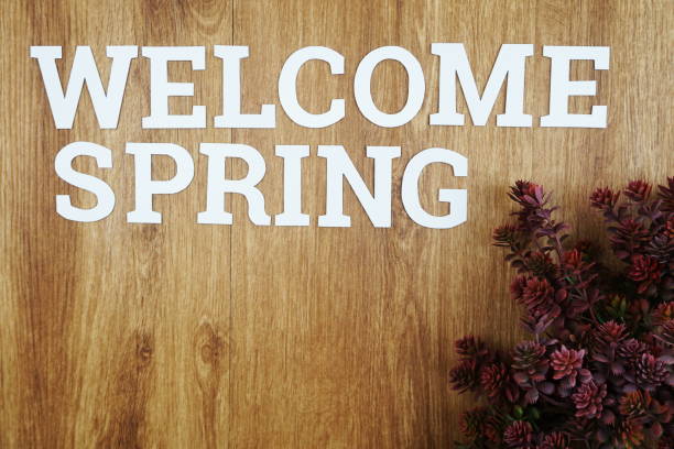 istock Welcome Spring with green leave on wooden background 1201355109