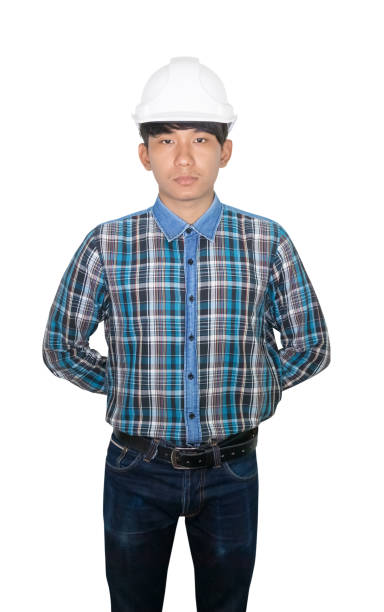 istock Engineering construction hand cross back and wear white safety helmet plastic isolated on white background 1201356731
