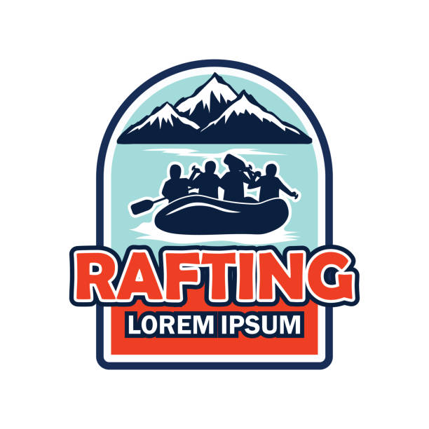 illustrazioni stock, clip art, cartoni animati e icone di tendenza di insegne di rafting con spazio di testo per il tuo slogan / tag line, illustrazione vettoriale - extreme sports rafting team sport white water rafting