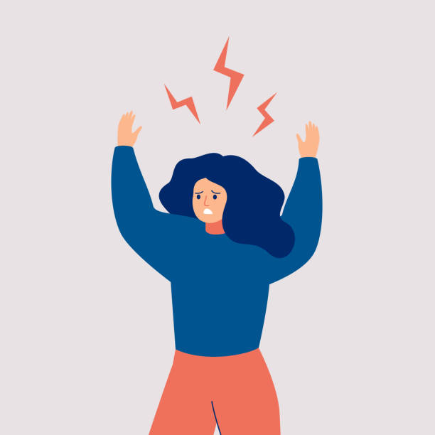 A young woman holds up her hands and screams in rage. A young woman holds up her hands and screams in rage. Angry girl with flying lightnings over her head isolated on white background. Vector fierce stock illustrations