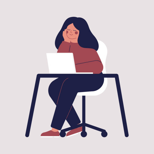 Young woman is sitting at the table with laptop and thinking about something. Young woman is sitting at the table with laptop and thinking about something. Girl is smiling with a good idea and dreaming. Vector character illustration desk clipart stock illustrations