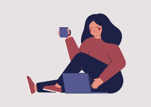 Vector illustration of Freelancer female employee works in comfortable conditions at home.